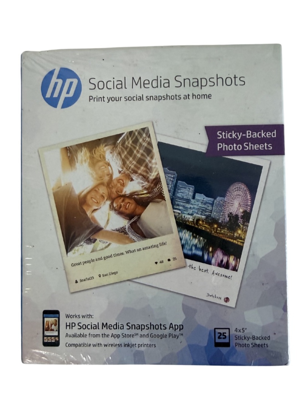 HP Social Media Snapshots Sticky Backed Photo Sheets 4x5 25 Count K6B83A NIP